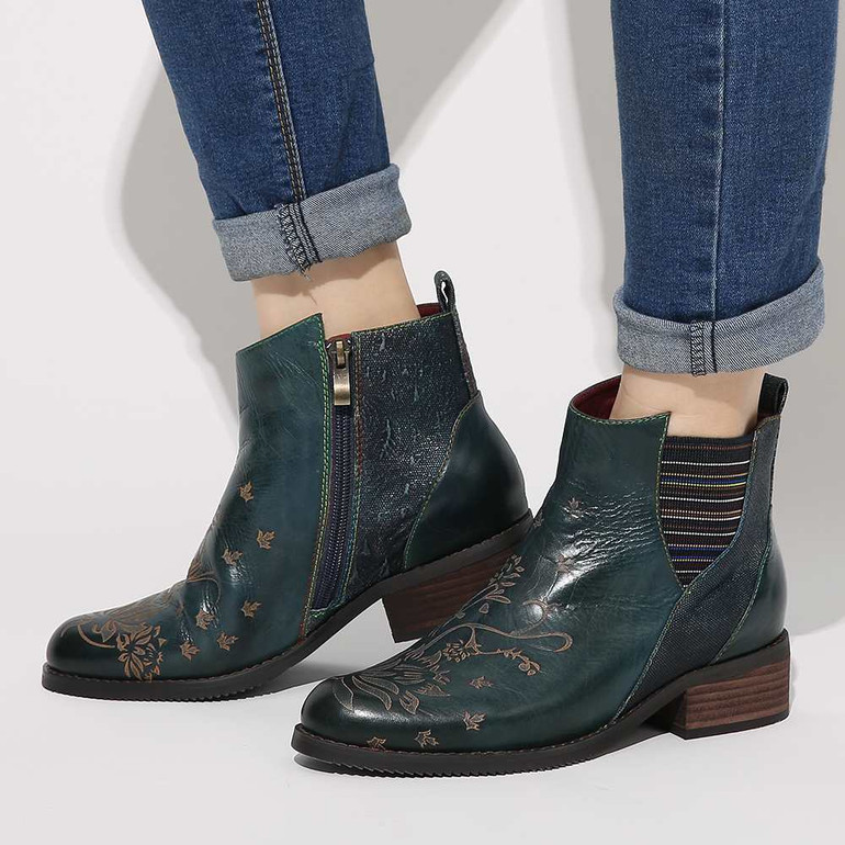Retro Flower Boots Pattern Stitching Ladies Shoes Genuine Leather Elastic Band Zipper Ankle Boots Boots Women Shoes