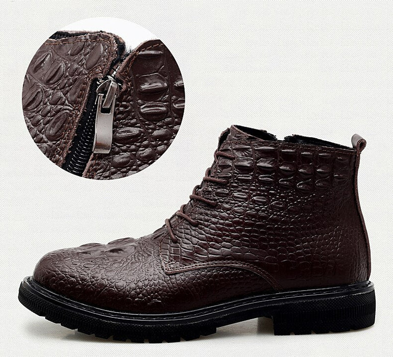 Business Men Boots Elite Men's Shoes Crocodile Texture Fur Men Snow Boots High Quality Leather Shoes Warm Chelsea Boots