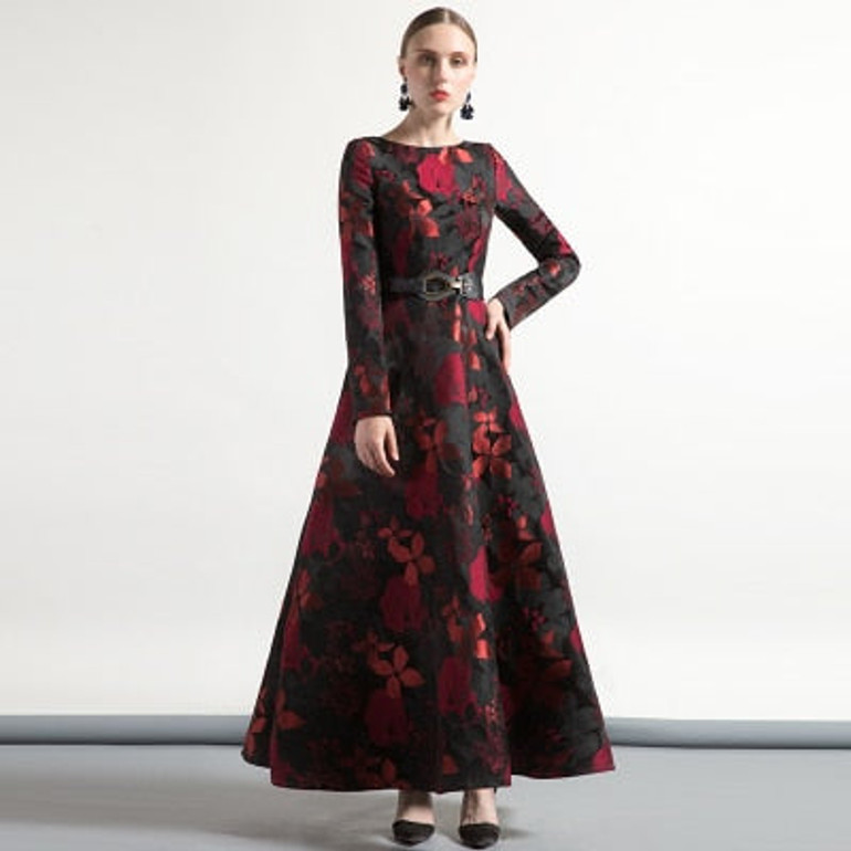 High Quality Elegant Women Long Sleeve Long Maxi Dress Fall Plus Size Floral Lady Jacquard Autum winter Dress vintage Fashion