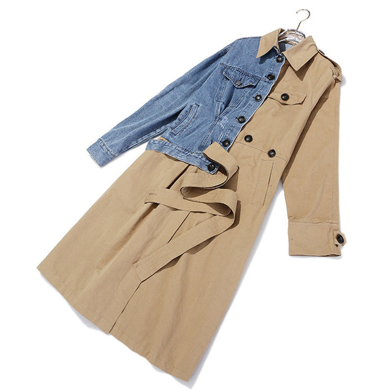 Asymmetrical Patchwork Denim Women's Trench Coats Lapel Collar Long Sleeve Loose Female Windbreaker 2020 Autumn New Asymmetrical Patchwork Denim Women's Trench Coats Lapel Collar Long Sleeve Loose Female Windbreaker 2020 Autumn New