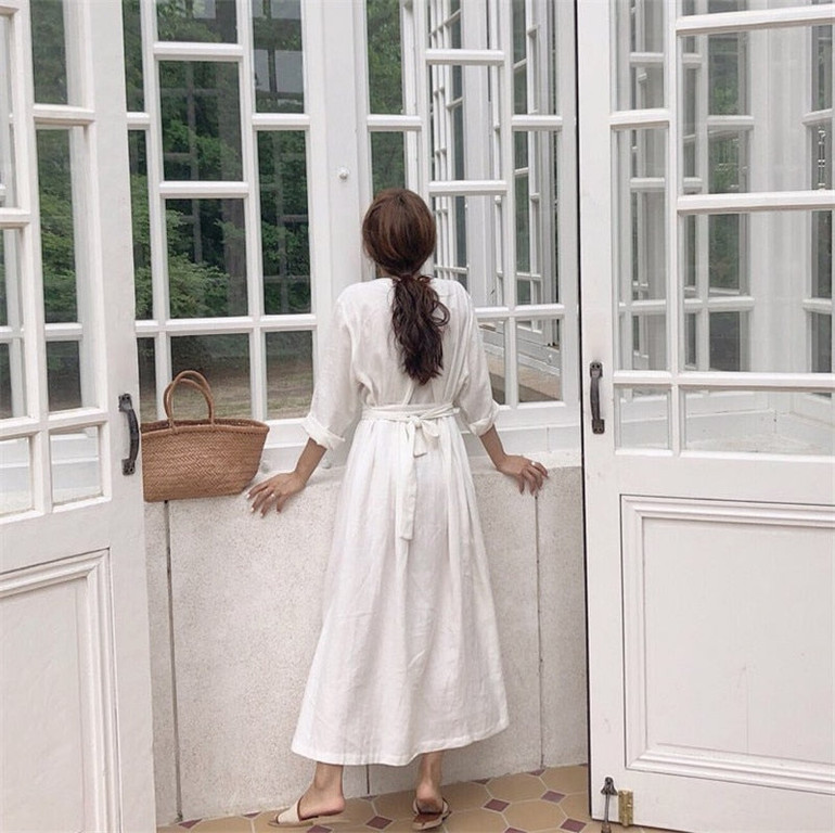 New  Women Dresses Spring Summer Cotton and Linen Elegant Pleated Long White Dresses V Neck Lace Up Bow DR1086