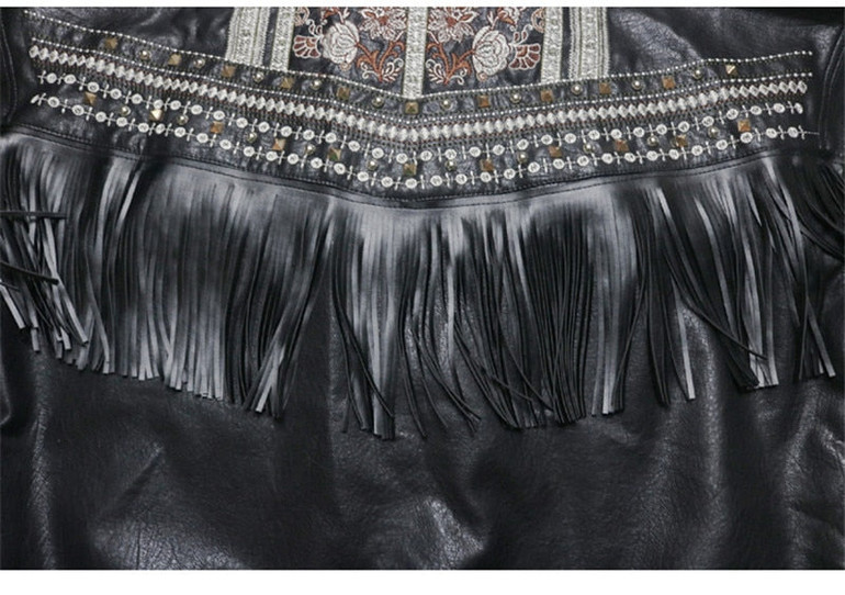 Leather Jacket Women Fringed Rivet Punk PU Leather Jacket Locomotive Short Coat Motorcycle Outerwear Lady Embroidery Coats