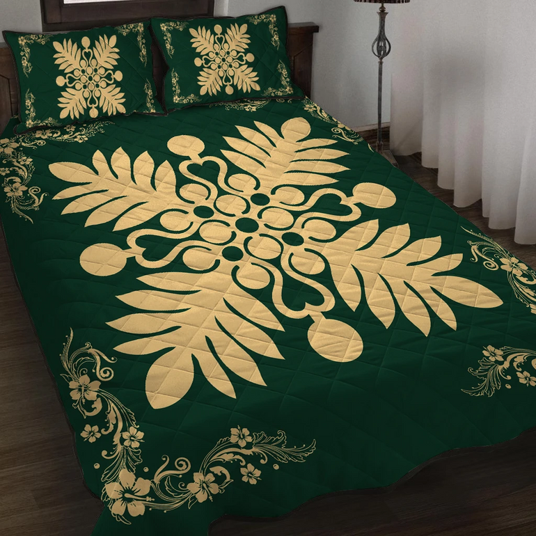 Hawaiian Maui Plant And Hibiscus Pattern Green Bedding Set