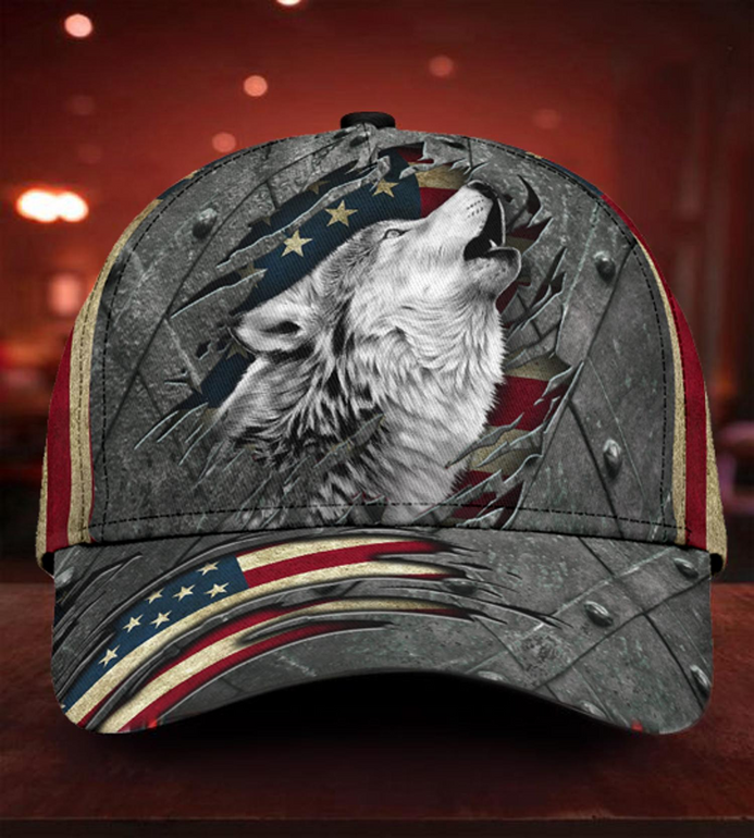 Howling Wolf Torn American Flag Classic Cap