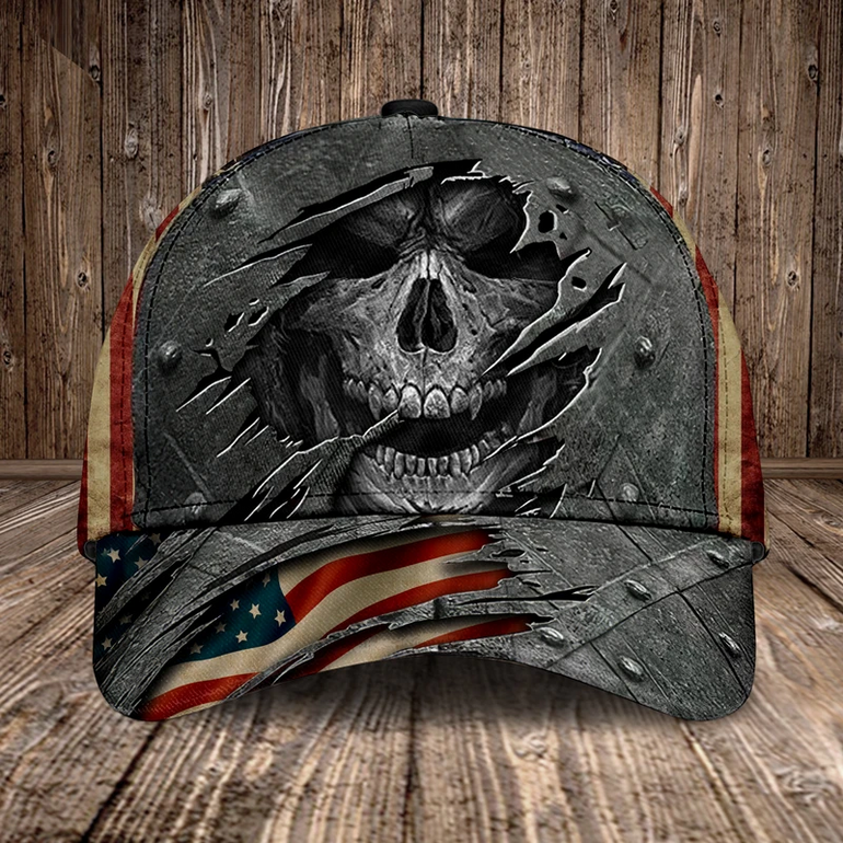 Dried Skull Torn American Flag Grey Cap