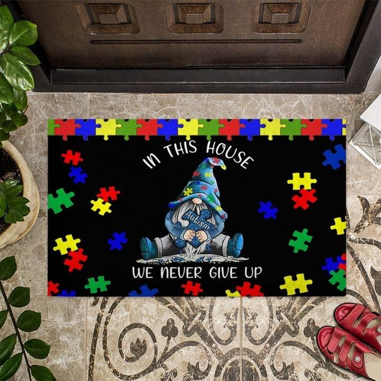 Autism Gnome In This House We Never Give Up Door Mat