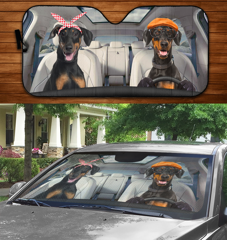 Couple Dobermans Driving 3D Print Car Windshield Auto Sunshade