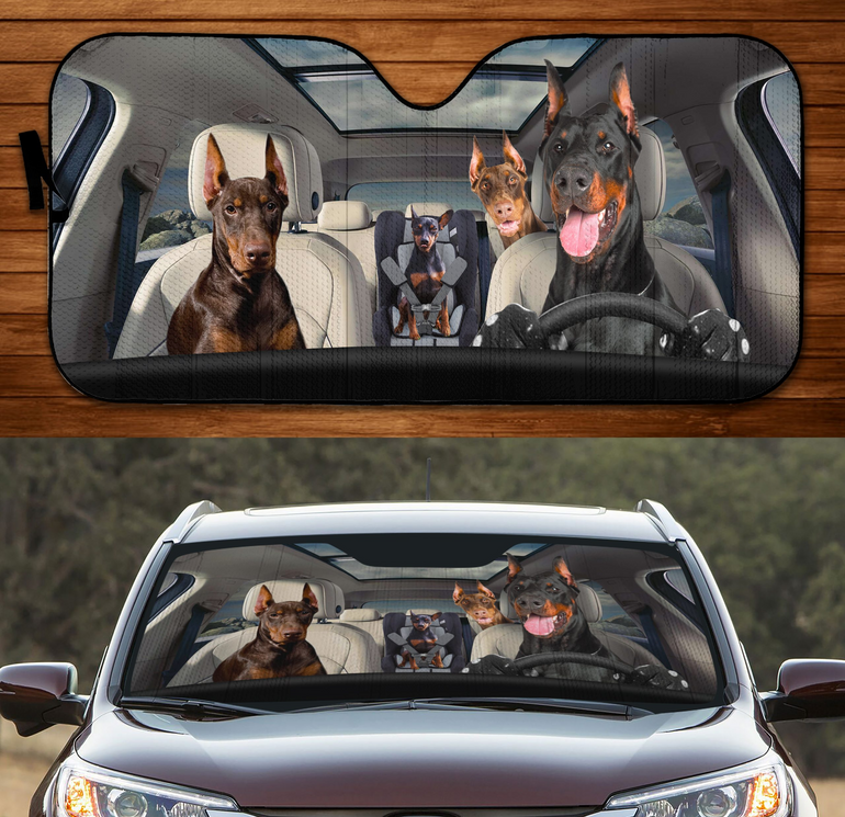 Family Dobermans Driving 3D Print Car Windshield Auto Sunshade