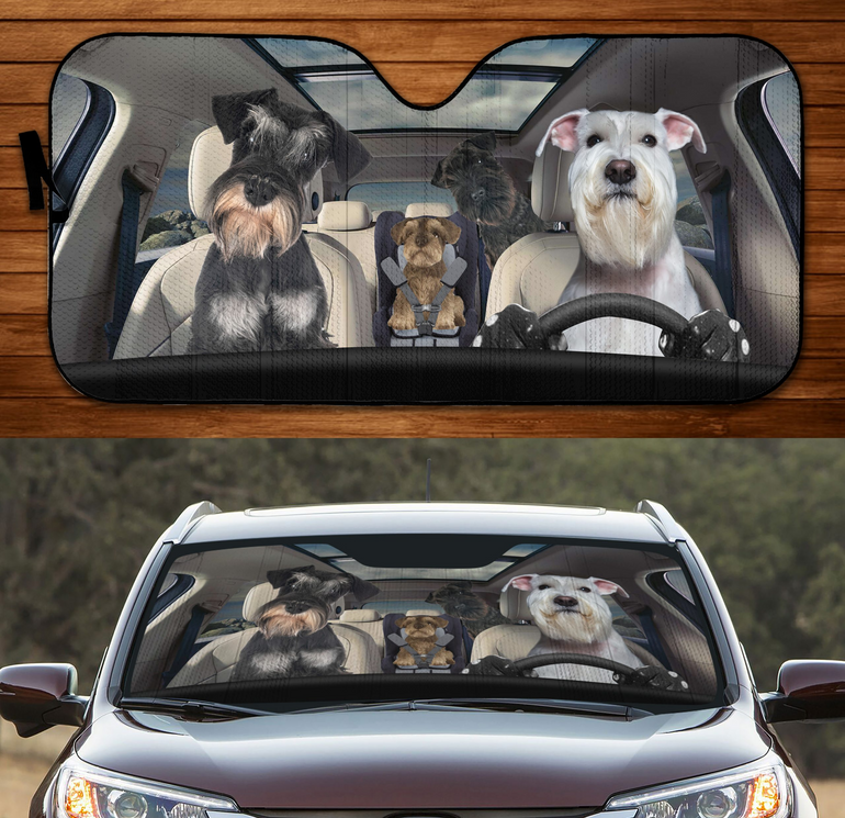 Family Miniature Schnauzers Driving 3D Print Car Windshield Auto Sunshade