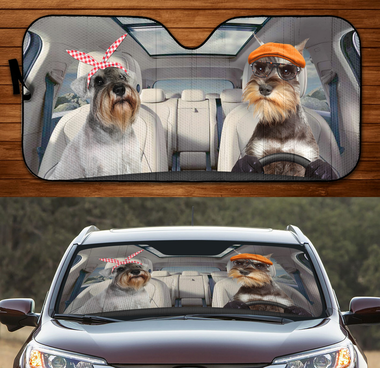 Couple Miniature Schnauzers Driving 3D Print Car Windshield Auto Sunshade