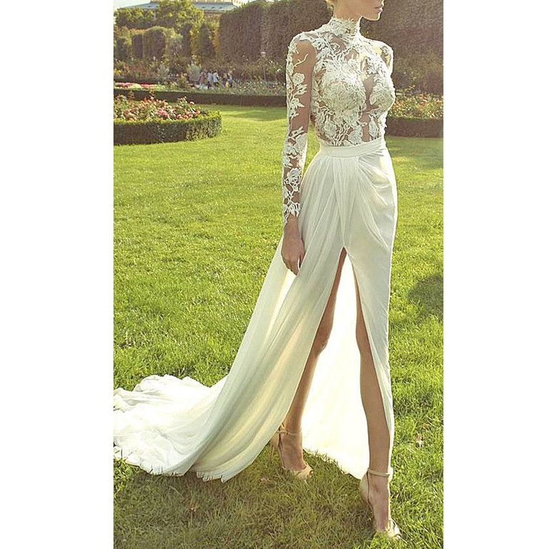 Feitong Elegant Wedding White Dress For Women 2020 Sexy Deep V Neck Long Sleeve Vestido Party Long Maxi Dress Robe Longue Femme