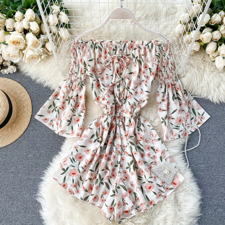 off shoulder sexy floral print flare sleeve Boho Bohemian Rompers