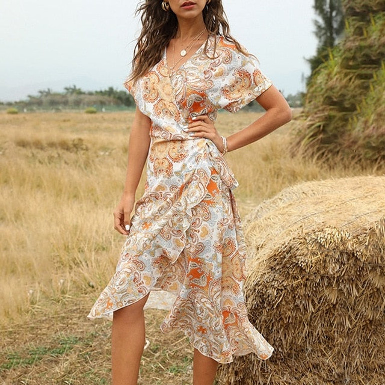 Casual V Neck Floral Print Short sleeve Boho Bohemian Dress Casual V Neck Floral Print Short sleeve Boho Bohemian Dress