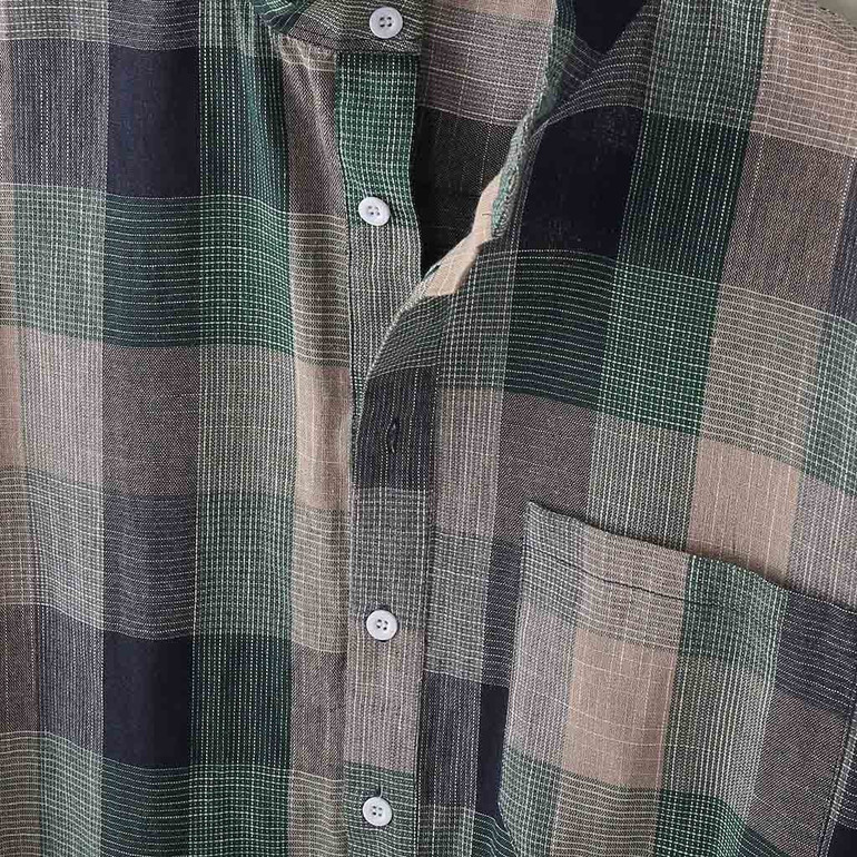 Cotton Linen Plaid Stand Collar Short Sleeve Shirts
