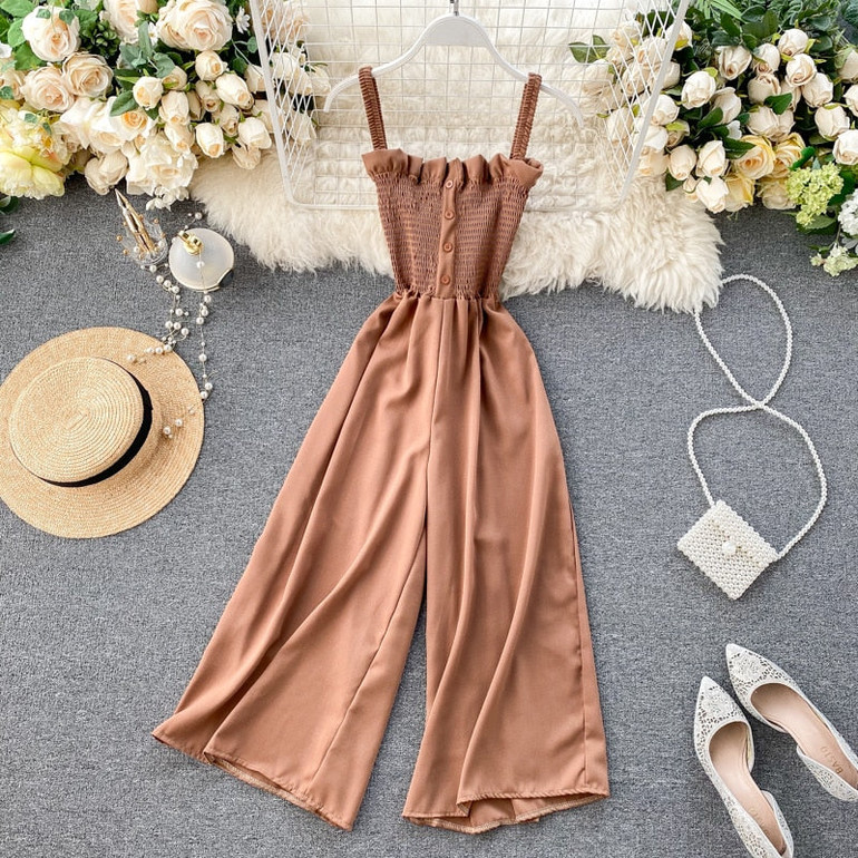Sexy slim Button Spaghetti Strap Full Length Jumpsuit