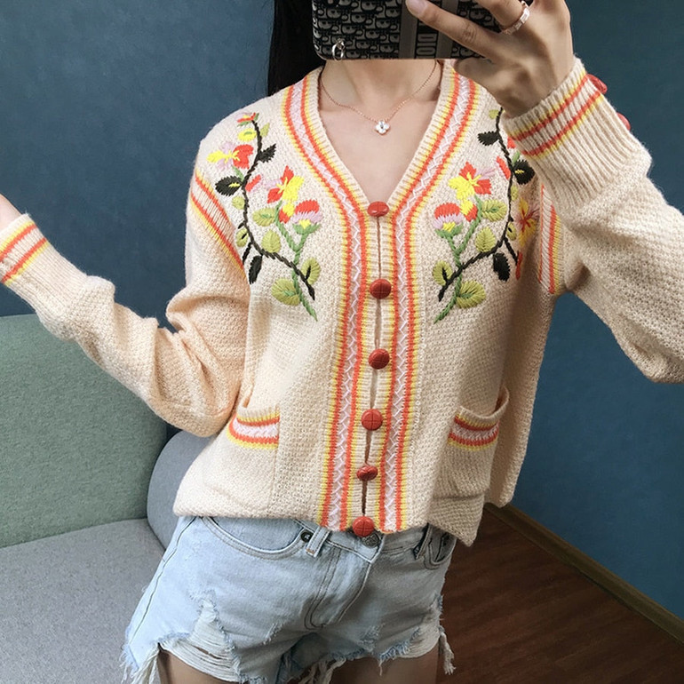 floral embroidery long sleeve knitted short Boho Bohemian Sweaters