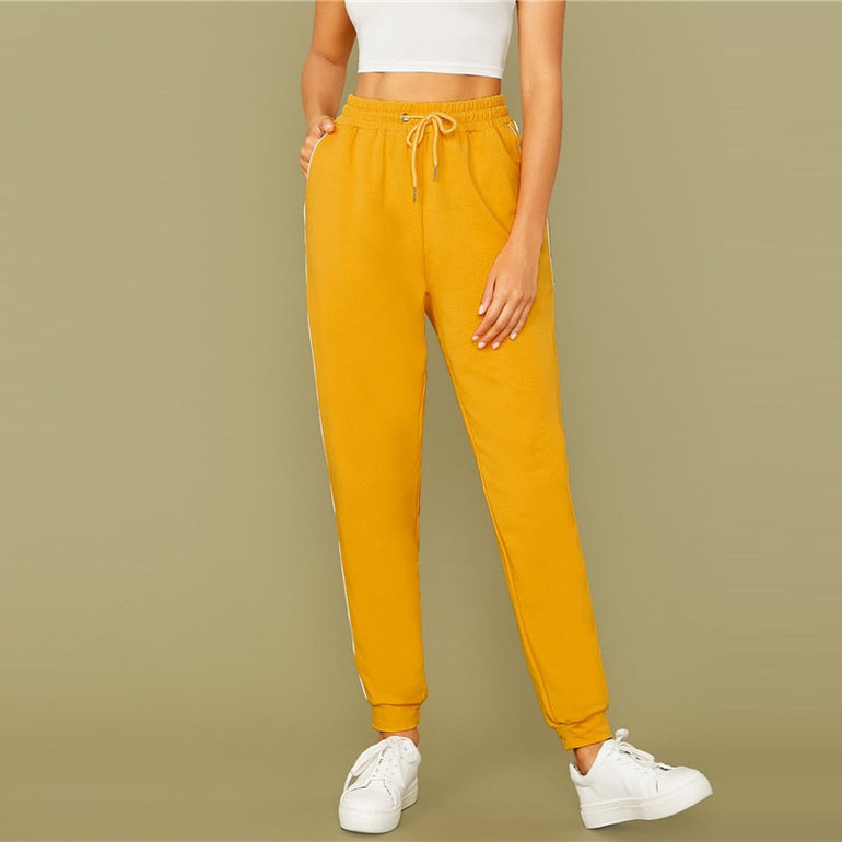 Bright Yellow Drawstring Waist Contrast Piping Carrot Pants