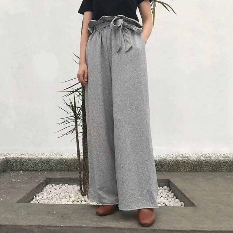 Belt Wide Leg High Waist Ruffles Long Pants