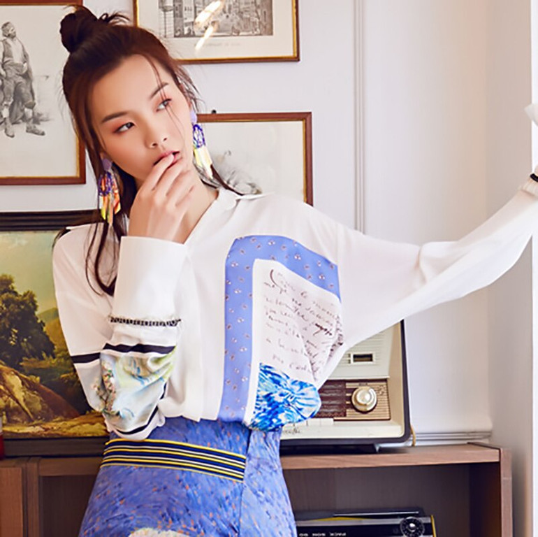 Lapel Long Sleeve White Irregular Pattern Printed Blouse