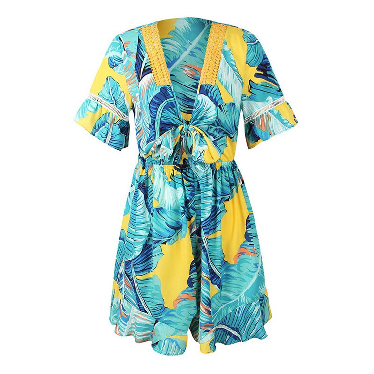 Ruffles Sleeve Trim Deep V-neck Boho Bohemian Rompers