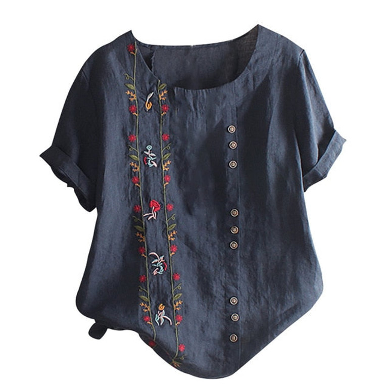 Floral Embroidered Short Sleeves boho Blouses