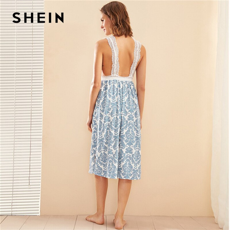 Blue Damask Print Eyelash Floral Lace Split Hem Deep V Neck Sexy Sleepwear