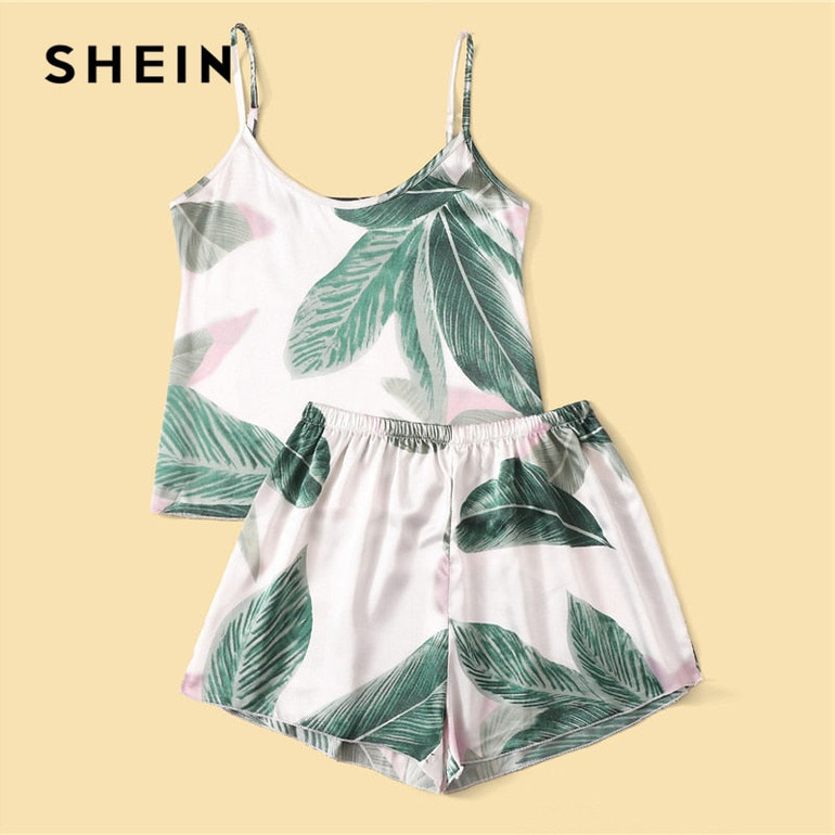 Multicolor Tropical Print Cami and Shorts Set Satin Pajama Sleepwear Multicolor Tropical Print Cami and Shorts Set Satin Pajama Sleepwear