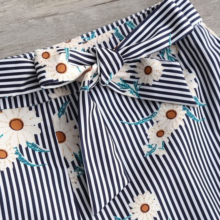 Casual Blue Loose Stripe Floral Print Boho Bohemian Shorts