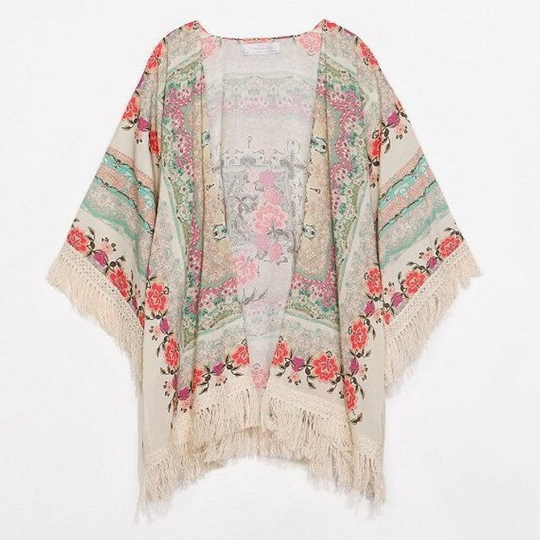 Floral Print Patchwork Tassel Boho Bohemian Kimonos
