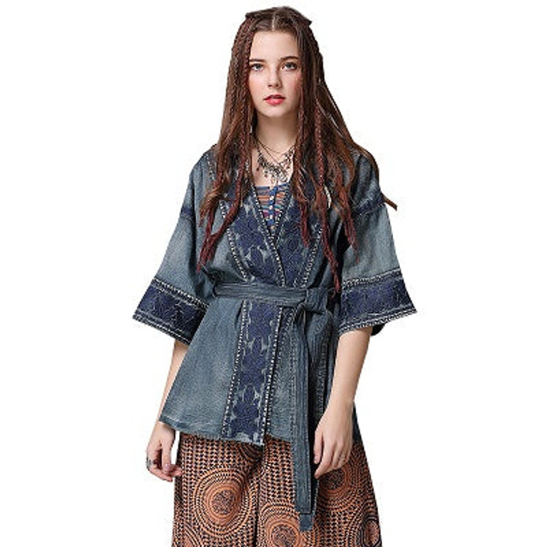 V Neck Half Sleeve Flower Embroidery Belted Boho Bohemian Jackets Coats