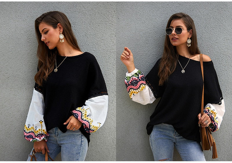Lantern Sleeve Jumper Long Sleeve Print Fluffy Boho Bohemian Sweaters