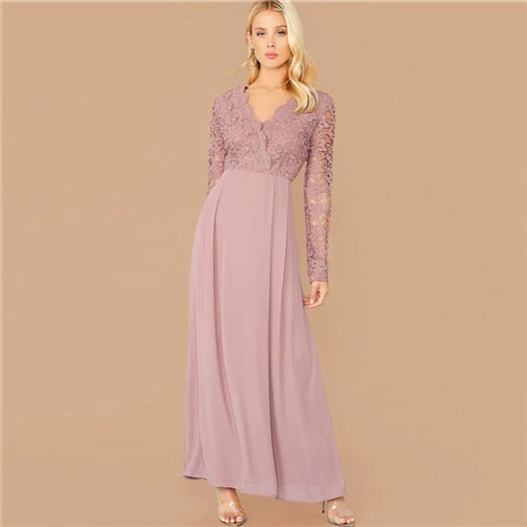 Elegant Lace Detail V Neck A Line Zipper Back Pleated Party Dresses