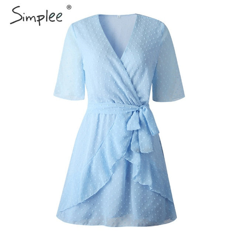 V neck flower A line Ruffled sash belt Wrap Dresses