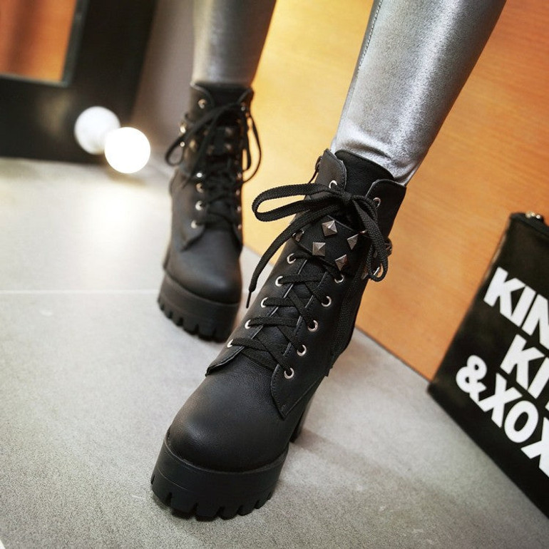 Women Supper High Heel Lace Up Zipper Rivet Studded Chunky Platform Boots