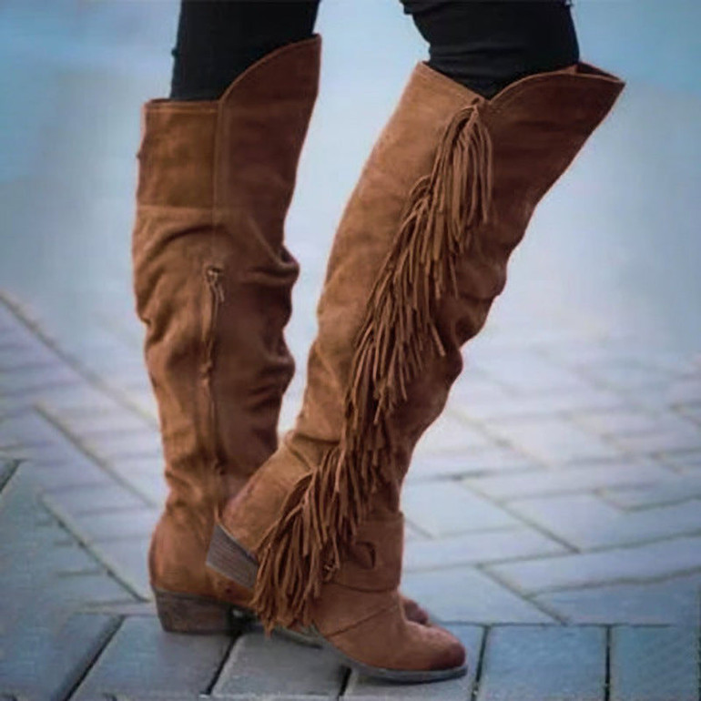 Women Chunky Heel Fringe Over The Knee Boots