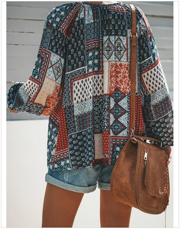 Autumn Fashion Loose Long Sleeve Flowers Printed Chiffon Tops For Women
