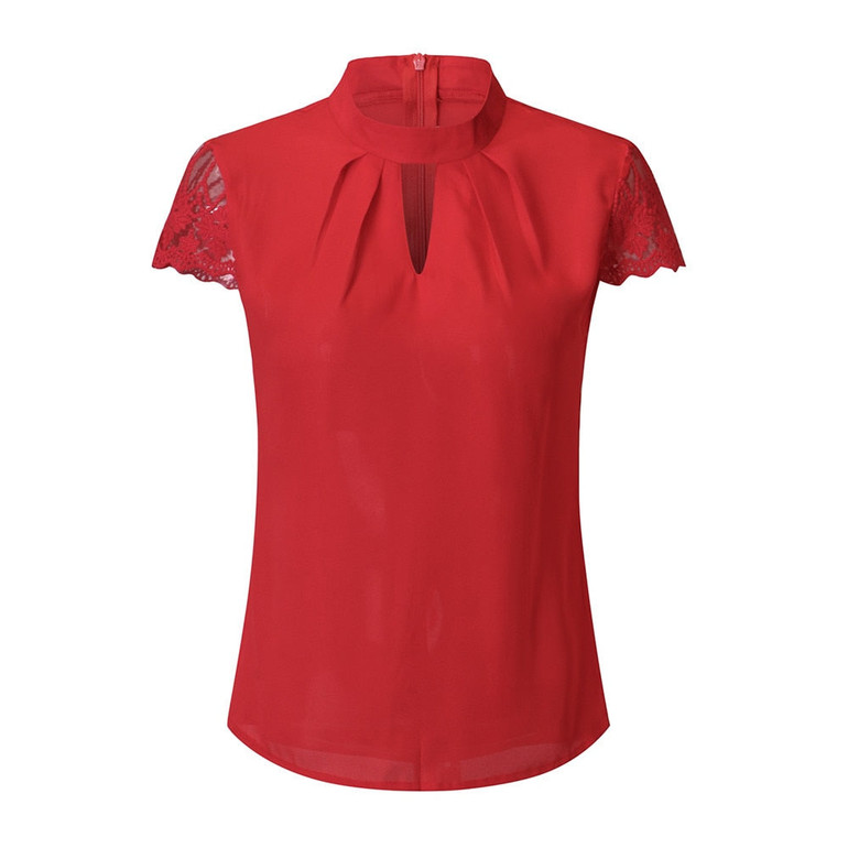 Hollow Chiffon Short Sleeve Splice Lace Tops Blouse