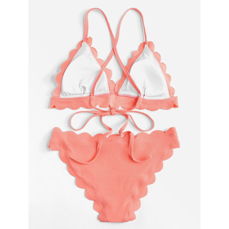 Scalloped Trim Criss Cross Bikini Set