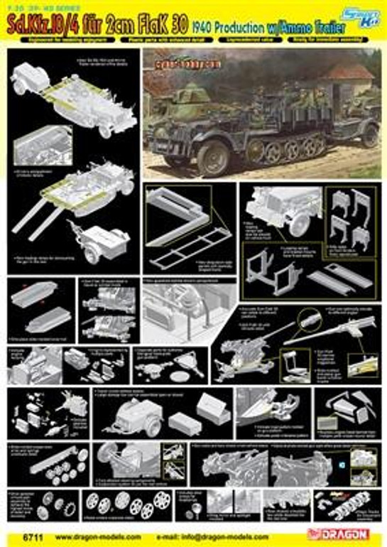Dragon Military 1/35 SdKfz 10/4 w/2cm Flak 30 Mod 1940 Gun & Ammo Trailer Kit