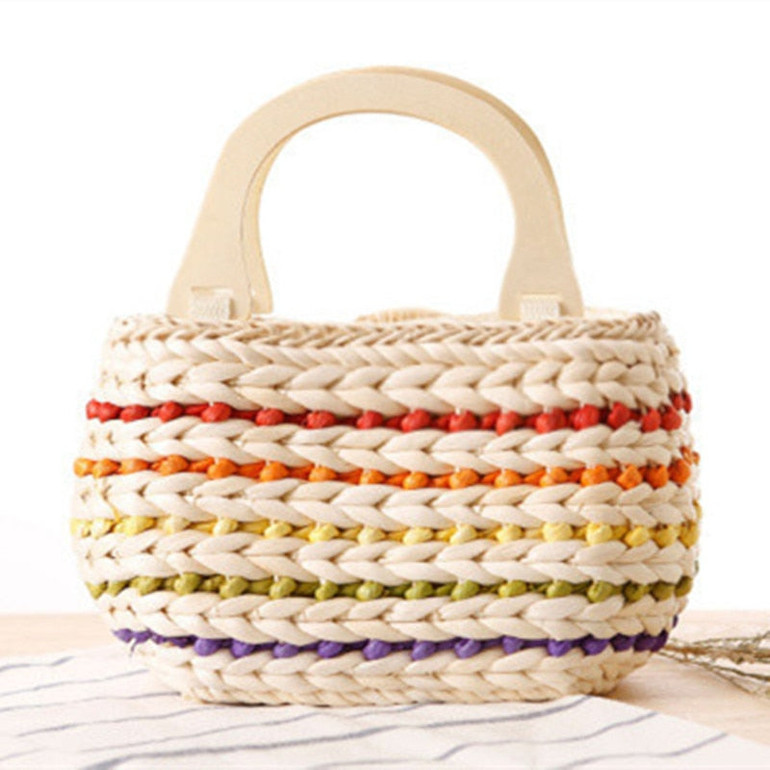 Teddy Bear Straw Handbag with Wooden Handles