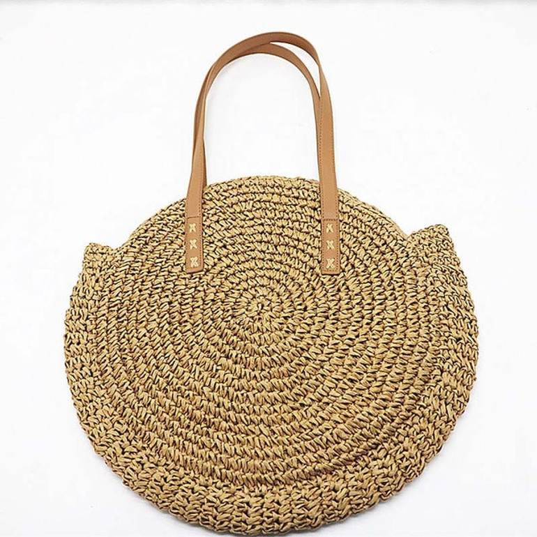 Round Hand Woven Straw Shoulder Handbag