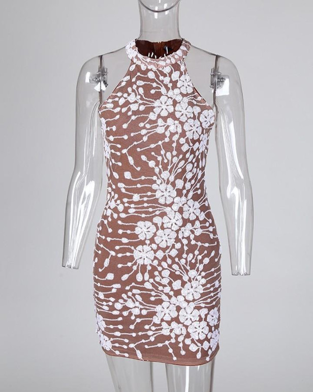 Halter Sleeveless Embroidery Bodycon Dress