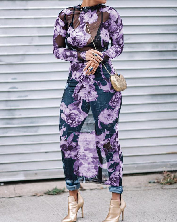 See Through Floral Print Bodycon Mesh Dress