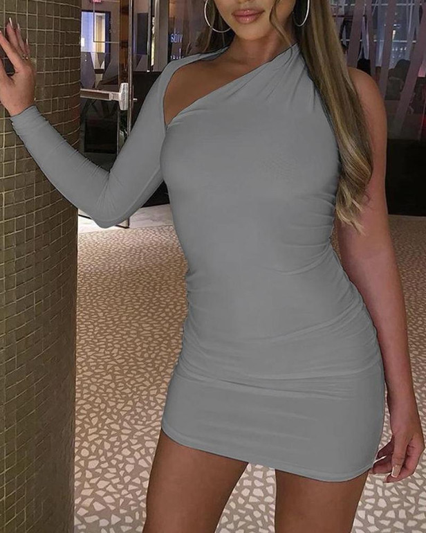 Asymmetrical One Shoulder Solid Bodycon Dress