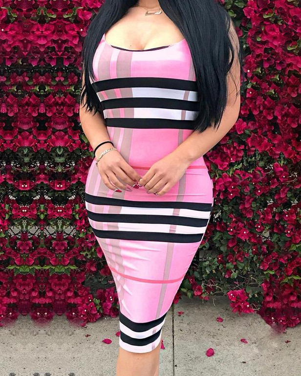 Grid Spaghetti Strap Backless Midi Dress