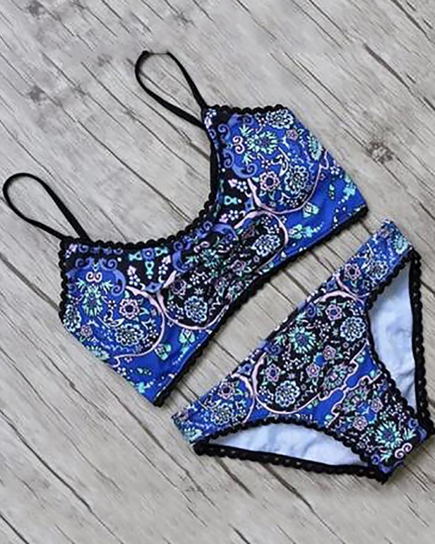 Women Stylish Lace Trim Strappy Bikini Set
