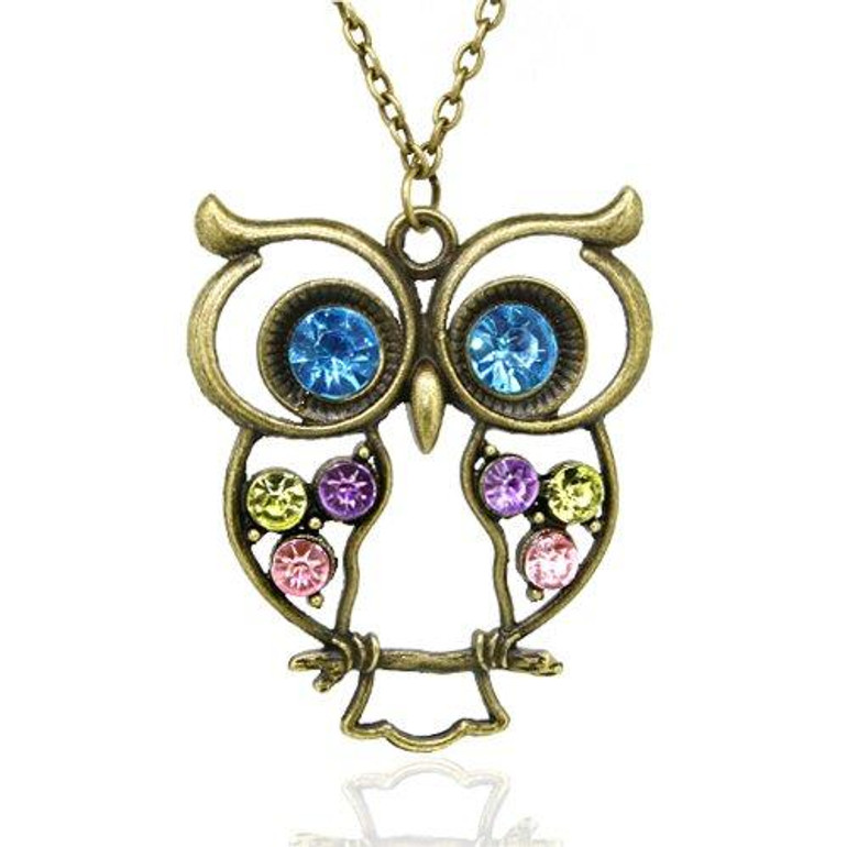 (Lot of 10Pcs) Wholesale Vintage, Retro Colorful Crystal Owl Pendant and Long Chain Necklace