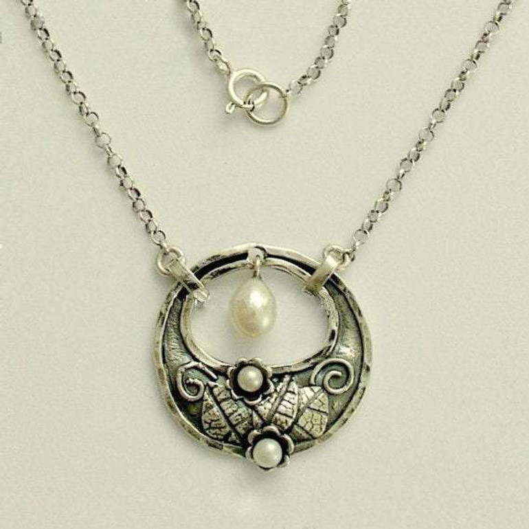 Botanical necklace, pearls necklace, flowers, floral pendant, floral sterling silver necklace, woodland necklace - Round and round N4629