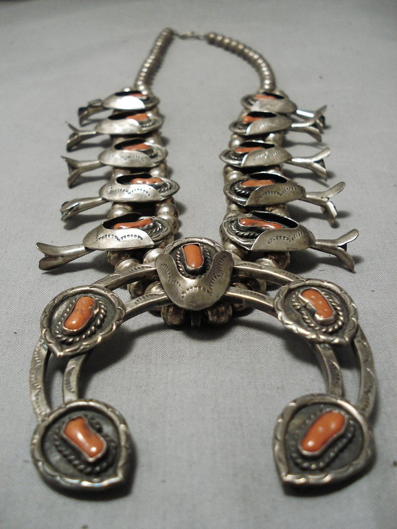 Heavy Vintage Native American Navajo Coral Sterling Silver Native Squash Blossom Necklace Heavy Vintage Native American Navajo Coral Sterling Silver Native Squash Blossom Necklace