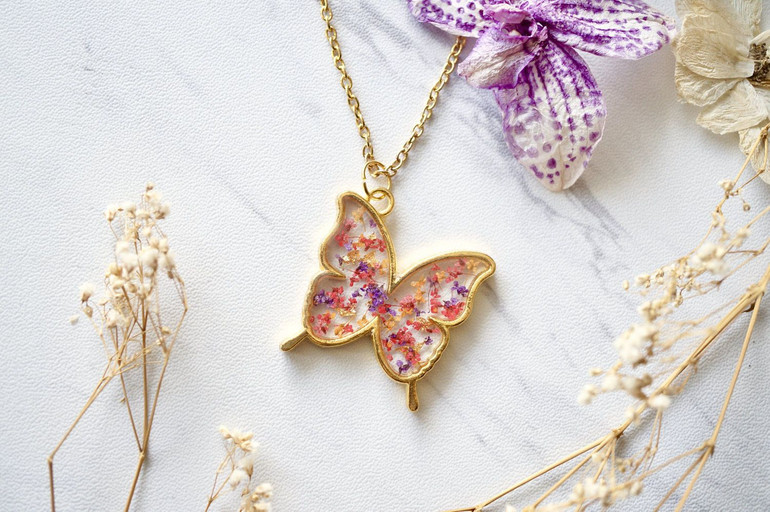 Real Dried Flowers and Resin Butterfly Necklace in Gold, Purple, Orange, Red